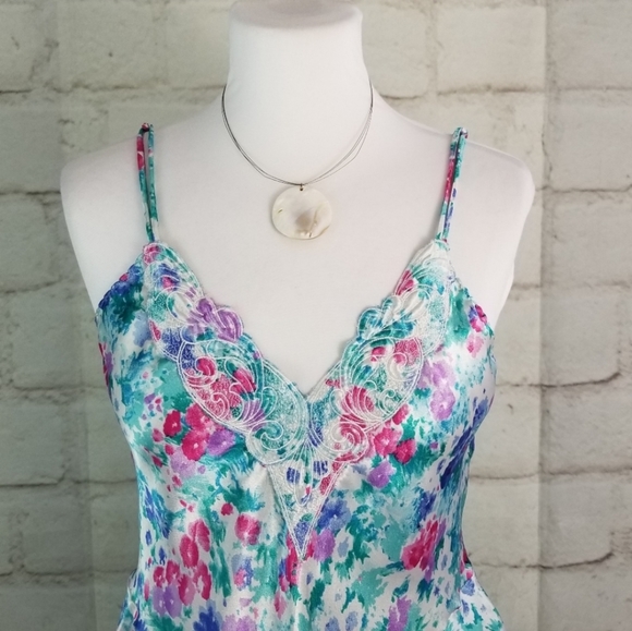 Vtg Cinema Etoile S White Blue Pink Floral Satin Chemise Skater Short Nightie - Picture 3 of 8